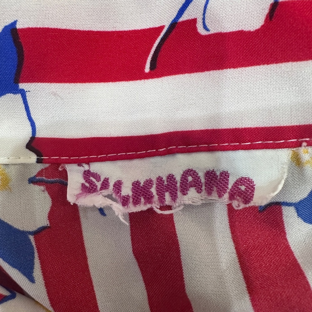 Vintage Silkhana Red White Striped Floral Button-Up Shirt | 80s 90s Blouse M - Picture 9 of 10